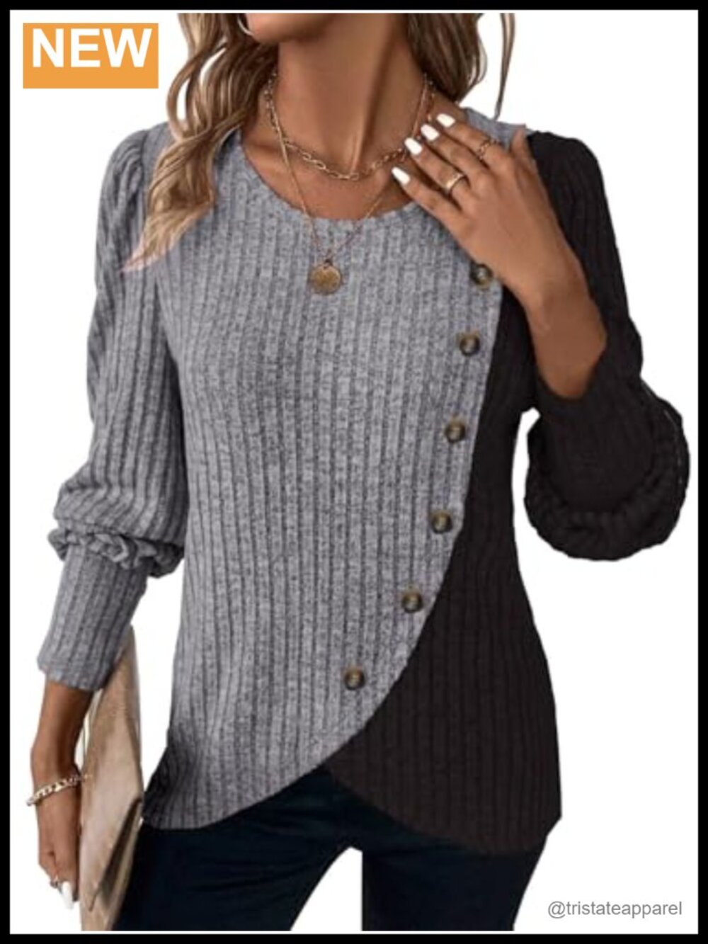 Womens Ribbed Knit Colorblock Button Pullover Sweater Top